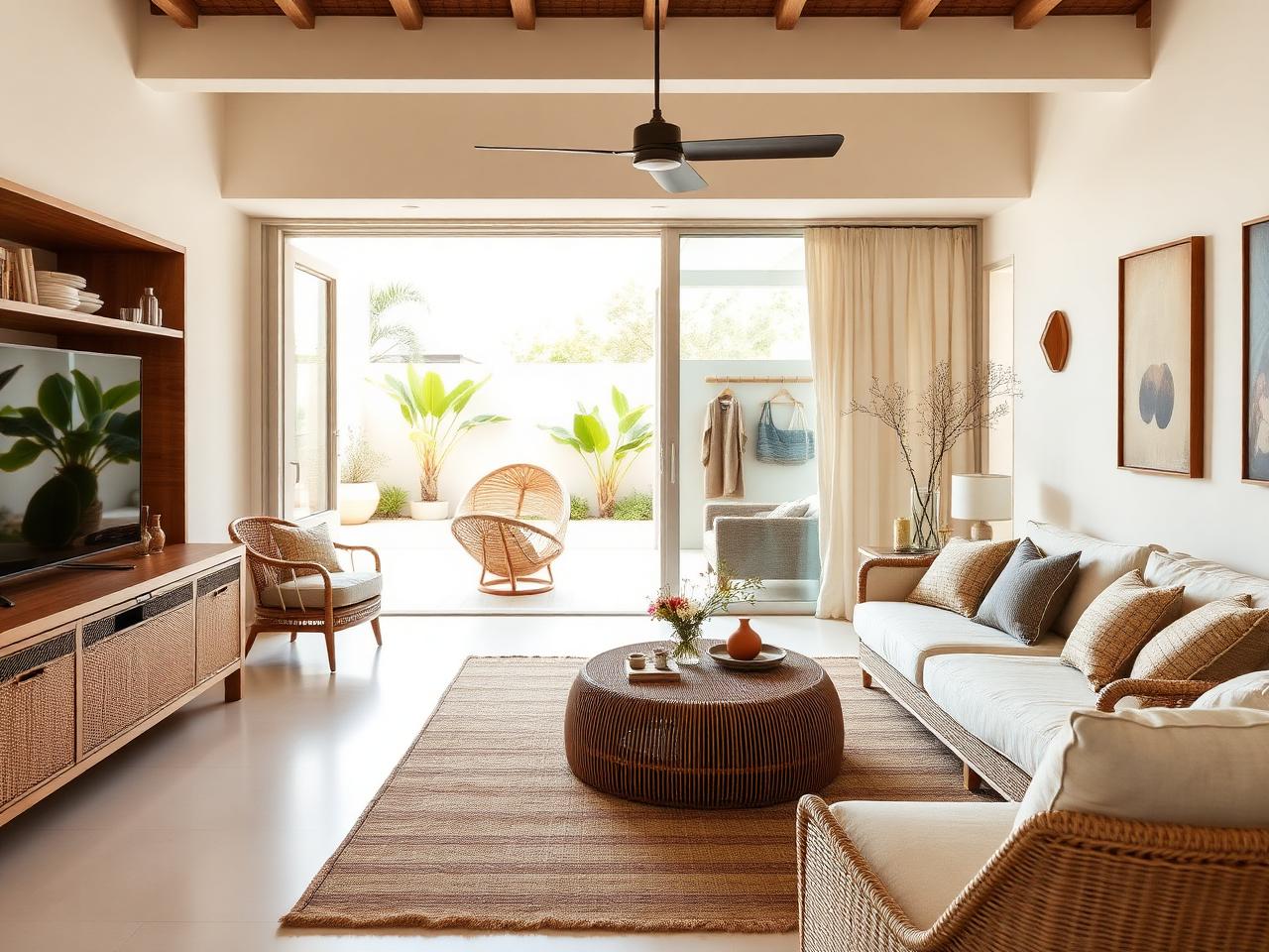 Sala integrada da Casa Doca, com muita madeira e ventilação natural