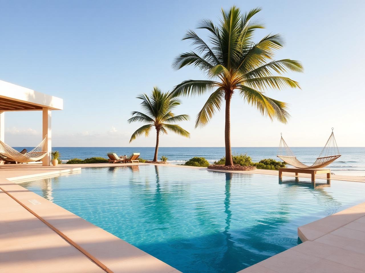 Piscina privativa da Casa Doca com redes e vista para a paisagem